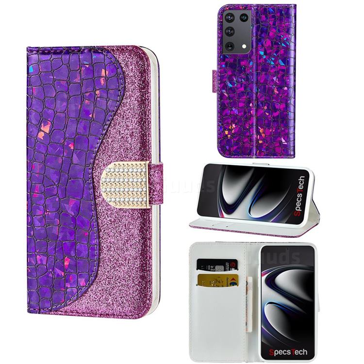 Glitter Diamond Buckle Laser Stitching Leather Wallet Phone Case For Samsung Galaxy S21 Ultra S30 Ultra Purple Galaxy S21 Ultra Cases Guuds