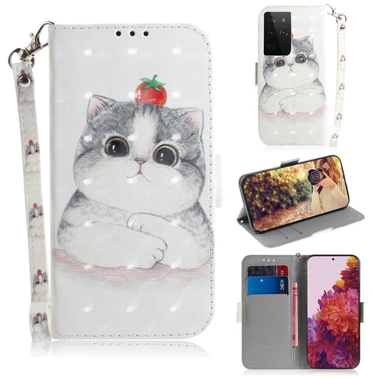 Cute Tomato Cat 3D Painted Leather Wallet Phone Case for Samsung Galaxy S21  Ultra / S30 Ultra - Galaxy S21 Ultra Cases - Guuds