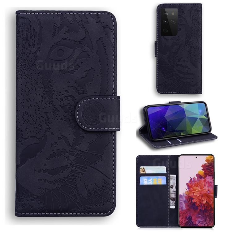 Intricate Embossing Tiger Face Leather Wallet Case for Samsung Galaxy S21 Ultra / S30 Ultra - Black