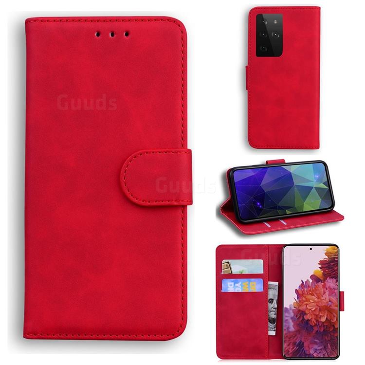 Retro Classic Skin Feel Leather Wallet Phone Case for Samsung Galaxy S21 Ultra / S30 Ultra - Red