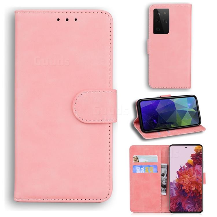 Retro Classic Skin Feel Leather Wallet Phone Case for Samsung Galaxy S21 Ultra / S30 Ultra - Pink