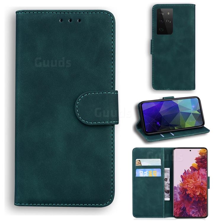 Retro Classic Skin Feel Leather Wallet Phone Case for Samsung Galaxy S21 Ultra / S30 Ultra - Green