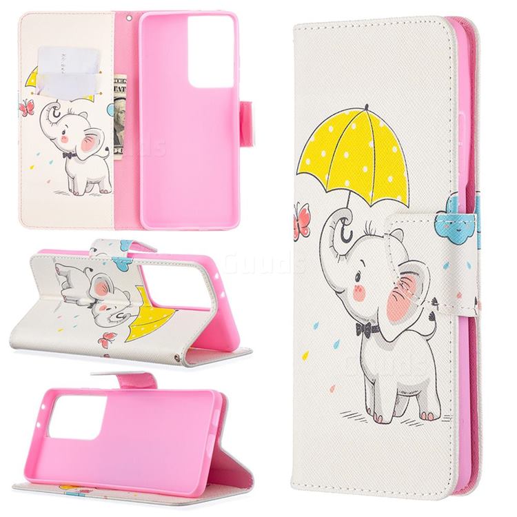 Umbrella Elephant Leather Wallet Case for Samsung Galaxy S21 Ultra / S30 Ultra
