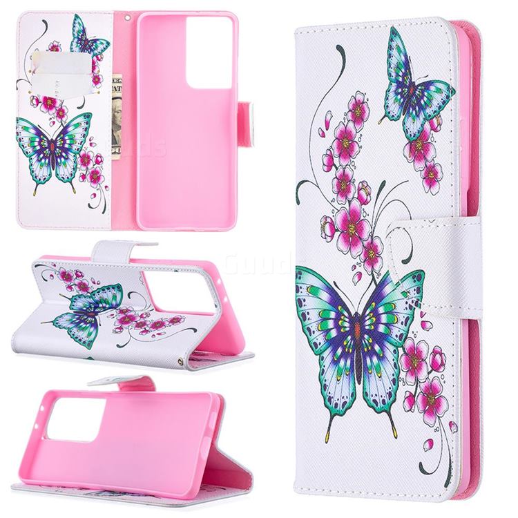 Peach Butterflies Leather Wallet Case for Samsung Galaxy S21 Ultra / S30 Ultra
