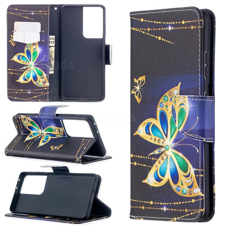 Golden Shining Butterfly Leather Wallet Case for Samsung Galaxy S21 Ultra / S30 Ultra
