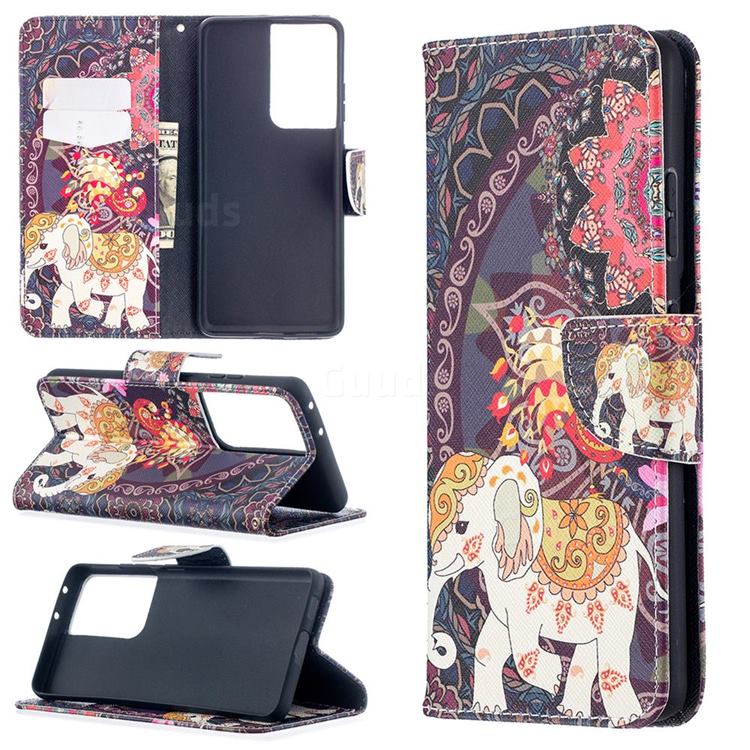 Totem Flower Elephant Leather Wallet Case for Samsung Galaxy S21 Ultra / S30 Ultra