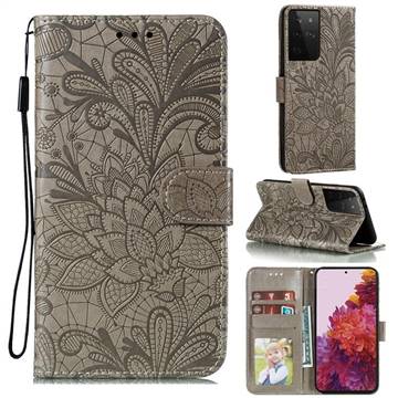Intricate Embossing Lace Jasmine Flower Leather Wallet Case for Samsung Galaxy S21 Ultra / S30 Ultra - Gray