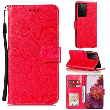 Intricate Embossing Lace Jasmine Flower Leather Wallet Case for Samsung Galaxy S21 Ultra / S30 Ultra - Red
