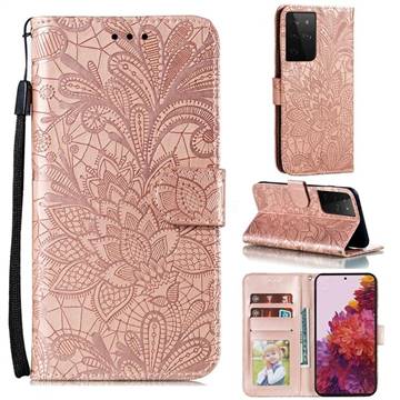Intricate Embossing Lace Jasmine Flower Leather Wallet Case for Samsung Galaxy S21 Ultra / S30 Ultra - Rose Gold