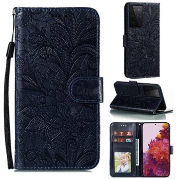 Intricate Embossing Lace Jasmine Flower Leather Wallet Case for Samsung Galaxy S21 Ultra / S30 Ultra - Dark Blue