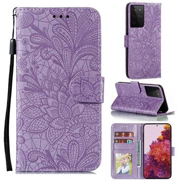Intricate Embossing Lace Jasmine Flower Leather Wallet Case for Samsung Galaxy S21 Ultra / S30 Ultra - Purple