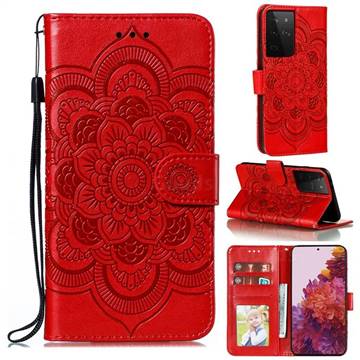 Intricate Embossing Datura Solar Leather Wallet Case for Samsung Galaxy S21 Ultra / S30 Ultra - Red