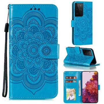 Intricate Embossing Datura Solar Leather Wallet Case for Samsung Galaxy S21 Ultra / S30 Ultra - Blue