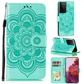 Intricate Embossing Datura Solar Leather Wallet Case for Samsung Galaxy S21 Ultra / S30 Ultra - Green
