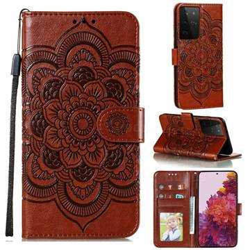 Intricate Embossing Datura Solar Leather Wallet Case for Samsung Galaxy S21 Ultra / S30 Ultra - Brown