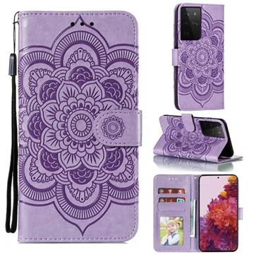 Intricate Embossing Datura Solar Leather Wallet Case for Samsung Galaxy S21 Ultra / S30 Ultra - Purple