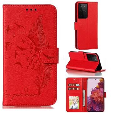 Intricate Embossing Lychee Feather Bird Leather Wallet Case for Samsung Galaxy S21 Ultra / S30 Ultra - Red