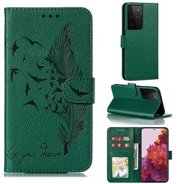 Intricate Embossing Lychee Feather Bird Leather Wallet Case for Samsung Galaxy S21 Ultra / S30 Ultra - Green