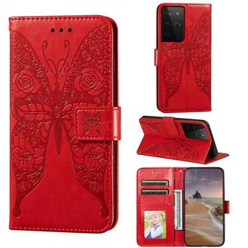 Intricate Embossing Rose Flower Butterfly Leather Wallet Case for Samsung Galaxy S21 Ultra / S30 Ultra - Red