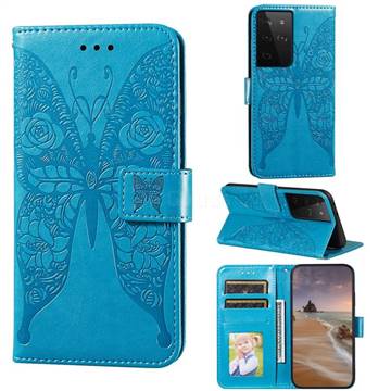 Intricate Embossing Rose Flower Butterfly Leather Wallet Case for Samsung Galaxy S21 Ultra / S30 Ultra - Blue