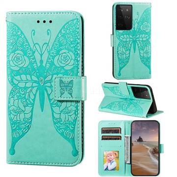 Intricate Embossing Rose Flower Butterfly Leather Wallet Case for Samsung Galaxy S21 Ultra / S30 Ultra - Green