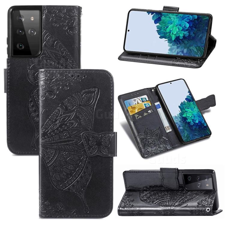 Embossing Mandala Flower Butterfly Leather Wallet Case for Samsung Galaxy S21 Ultra / S30 Ultra - Black