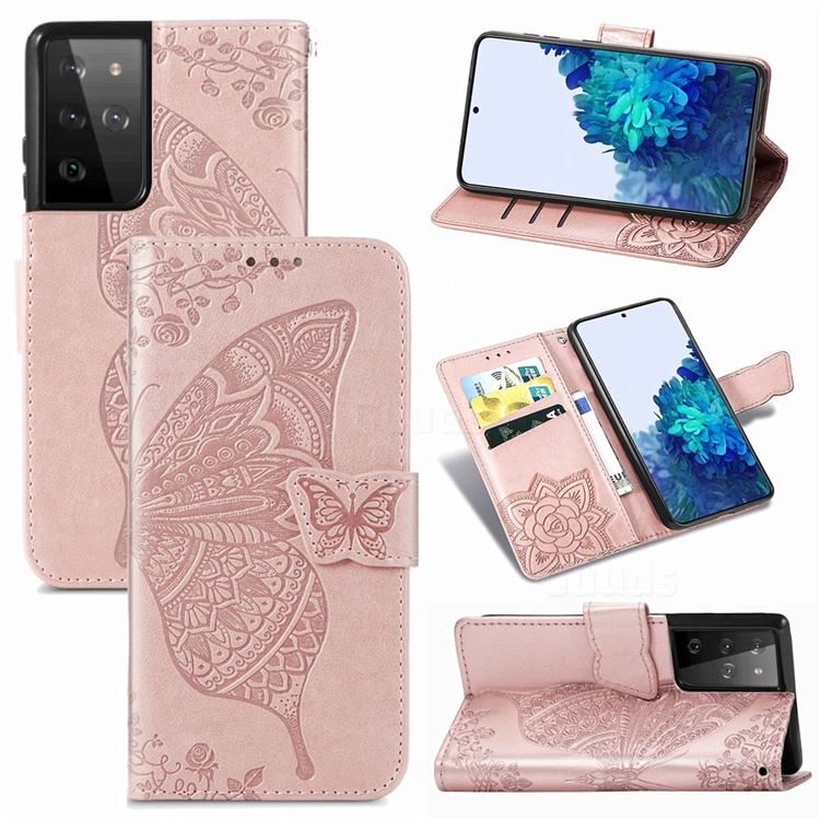 Embossing Mandala Flower Butterfly Leather Wallet Case for Samsung Galaxy S21 Ultra / S30 Ultra - Rose Gold
