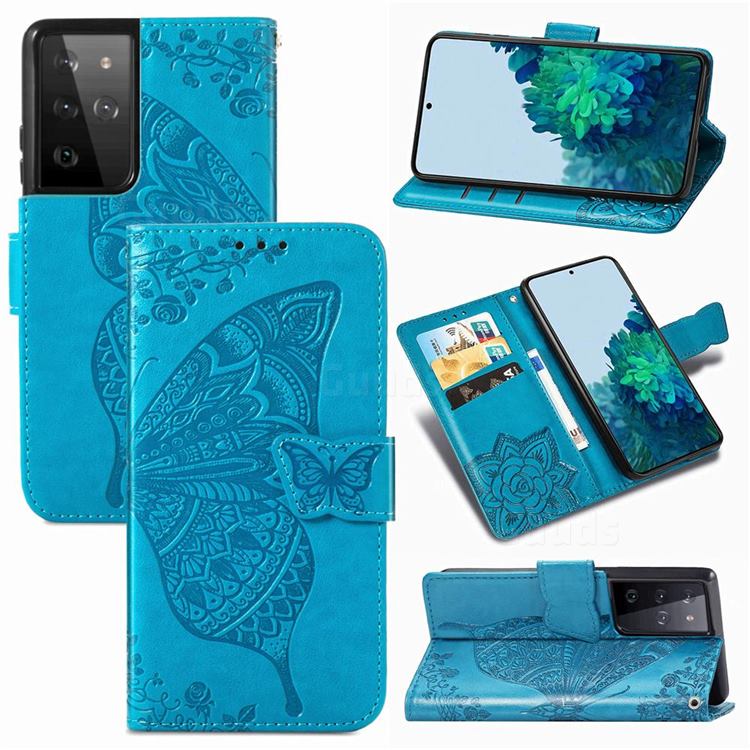 Embossing Mandala Flower Butterfly Leather Wallet Case for Samsung Galaxy S21 Ultra / S30 Ultra - Blue