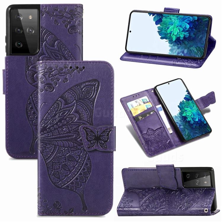 Embossing Mandala Flower Butterfly Leather Wallet Case for Samsung Galaxy S21 Ultra / S30 Ultra - Dark Purple