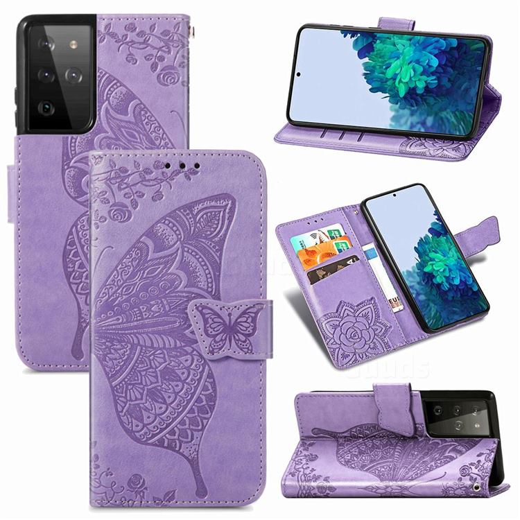 Embossing Mandala Flower Butterfly Leather Wallet Case for Samsung Galaxy S21 Ultra / S30 Ultra - Light Purple