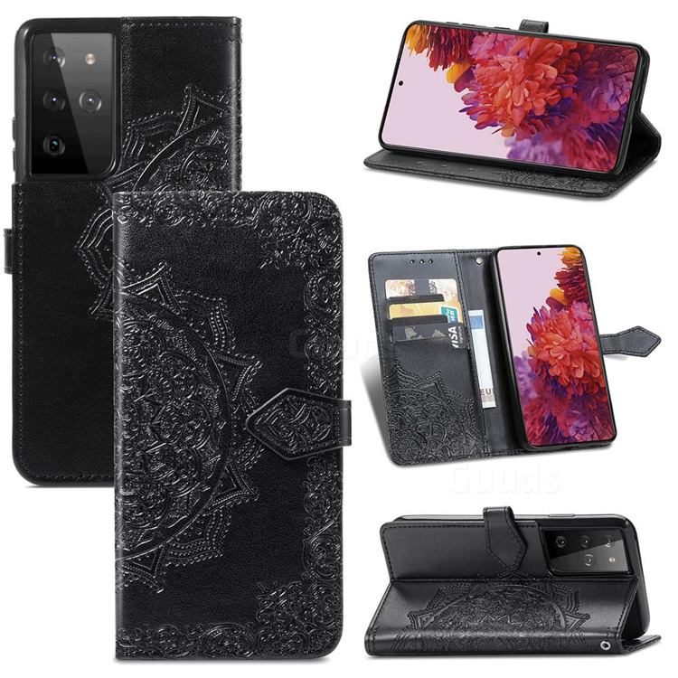 Embossing Imprint Mandala Flower Leather Wallet Case for Samsung Galaxy S21 Ultra / S30 Ultra - Black