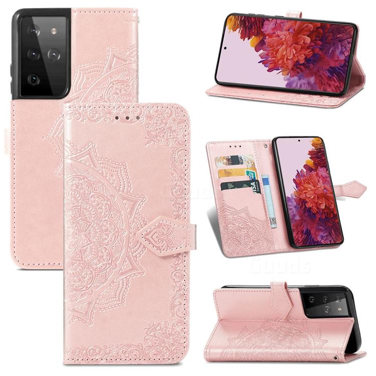 Embossing Imprint Mandala Flower Leather Wallet Case for Samsung Galaxy S21 Ultra / S30 Ultra - Rose Gold