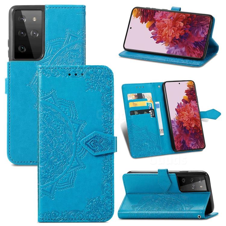 Embossing Imprint Mandala Flower Leather Wallet Case for Samsung Galaxy S21 Ultra / S30 Ultra - Blue