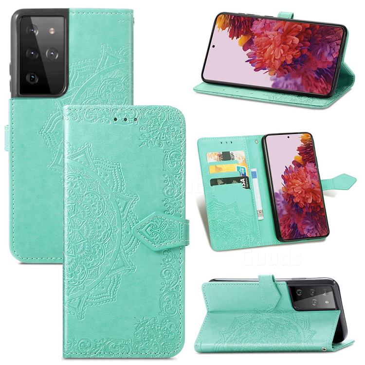 Embossing Imprint Mandala Flower Leather Wallet Case for Samsung Galaxy S21 Ultra / S30 Ultra - Green
