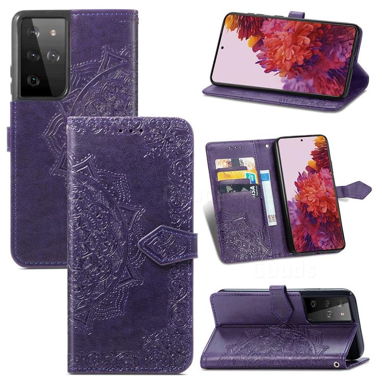 Embossing Imprint Mandala Flower Leather Wallet Case for Samsung Galaxy S21 Ultra / S30 Ultra - Purple