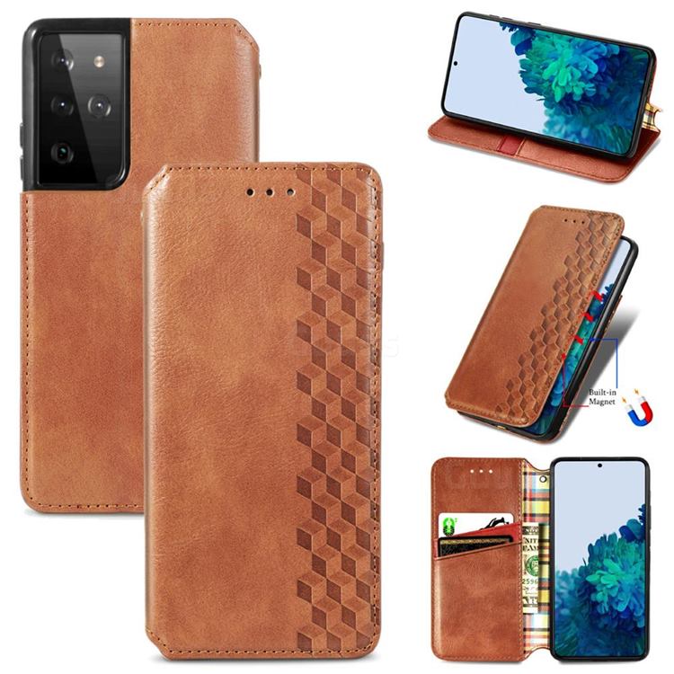 Ultra Slim Fashion Business Card Magnetic Automatic Suction Leather Flip Cover for Samsung Galaxy S21 Ultra / S30 Ultra - Brown