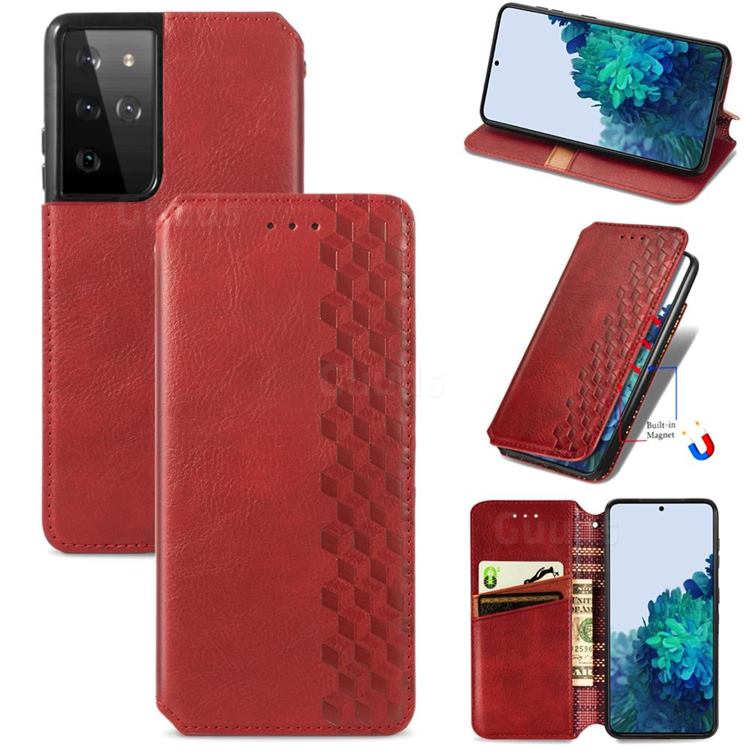 Ultra Slim Fashion Business Card Magnetic Automatic Suction Leather Flip Cover for Samsung Galaxy S21 Ultra / S30 Ultra - Red