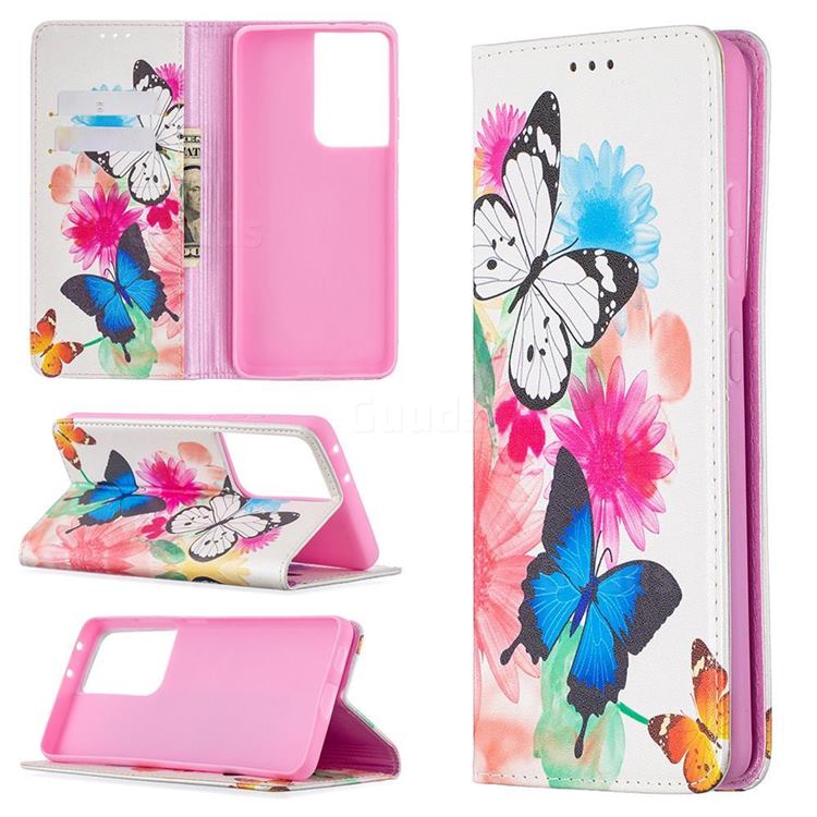 Flying Butterflies Slim Magnetic Attraction Wallet Flip Cover for Samsung Galaxy S21 Ultra / S30 Ultra