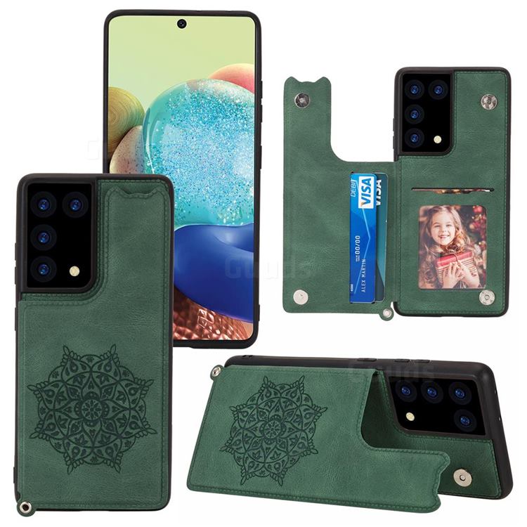 Luxury Mandala Multi-function Magnetic Card Slots Stand Leather Back Cover for Samsung Galaxy S21 Ultra - Green