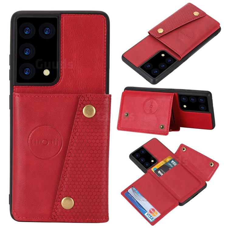 Retro Multifunction Card Slots Stand Leather Coated Phone Back Cover for Samsung Galaxy S21 Ultra - Red