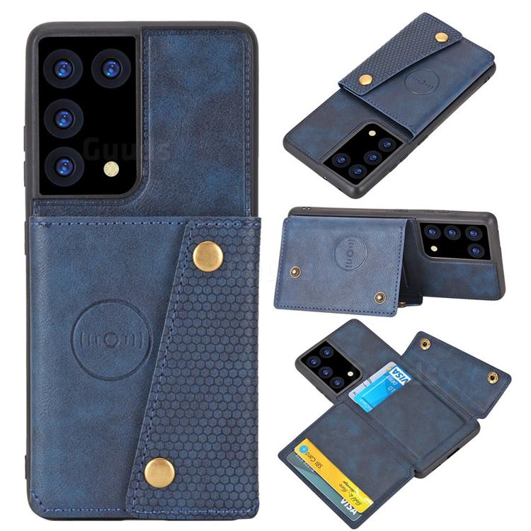 Retro Multifunction Card Slots Stand Leather Coated Phone Back Cover for Samsung Galaxy S21 Ultra - Blue