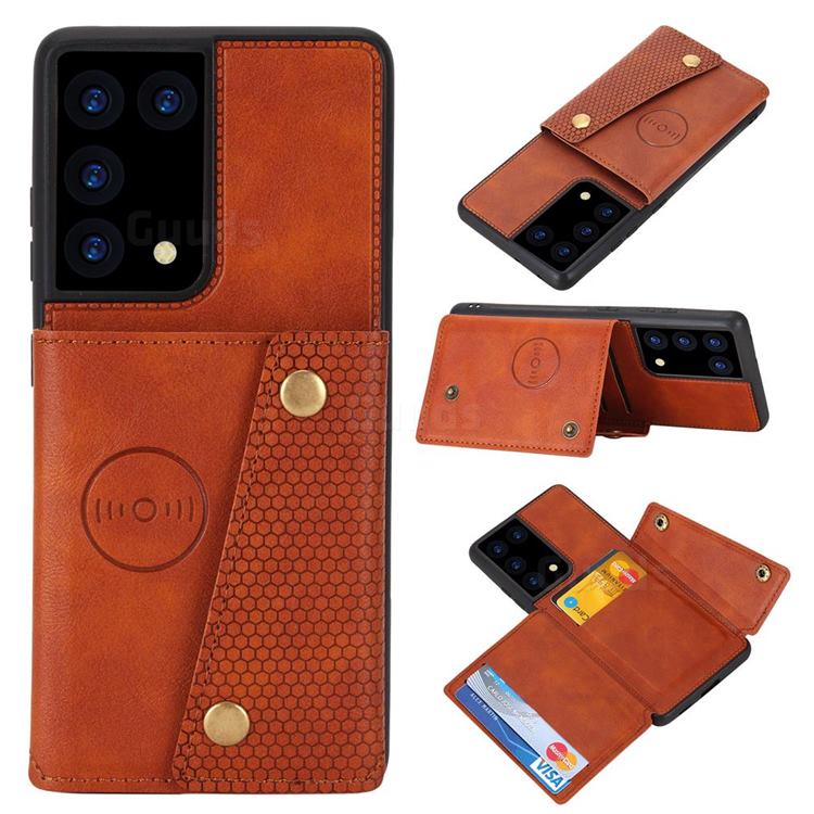 Retro Multifunction Card Slots Stand Leather Coated Phone Back Cover for Samsung Galaxy S21 Ultra - Brown