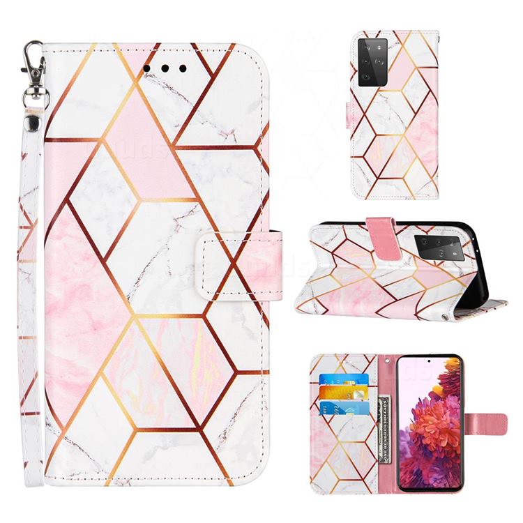 Pink White Stitching Color Marble Leather Wallet Case for Samsung Galaxy S21 Ultra