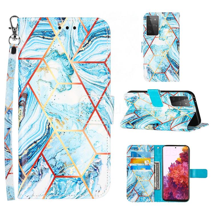 Lake Blue Stitching Color Marble Leather Wallet Case for Samsung Galaxy S21 Ultra