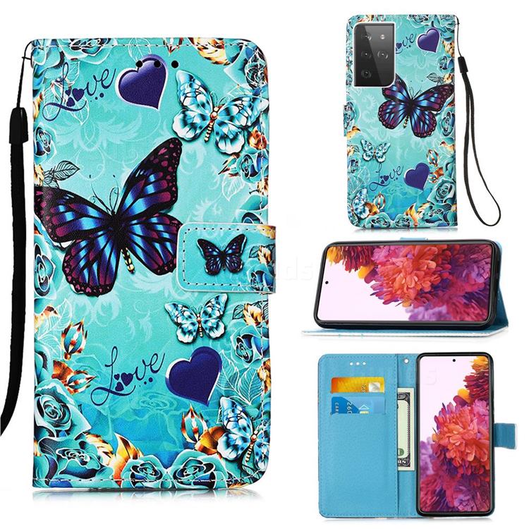 Love Butterfly Matte Leather Wallet Phone Case for Samsung Galaxy S21 Ultra