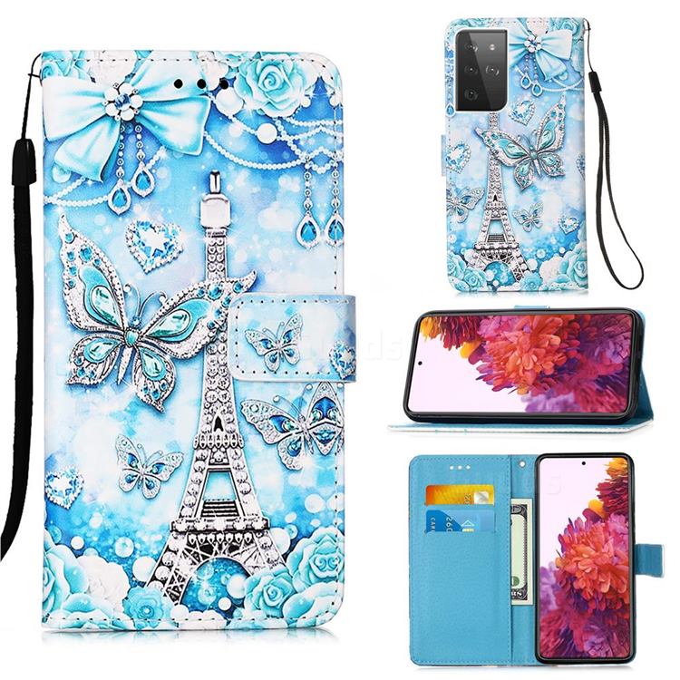 Tower Butterfly Matte Leather Wallet Phone Case for Samsung Galaxy S21 Ultra