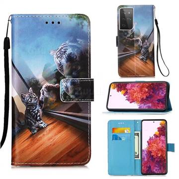 Mirror Cat Matte Leather Wallet Phone Case for Samsung Galaxy S21 Ultra