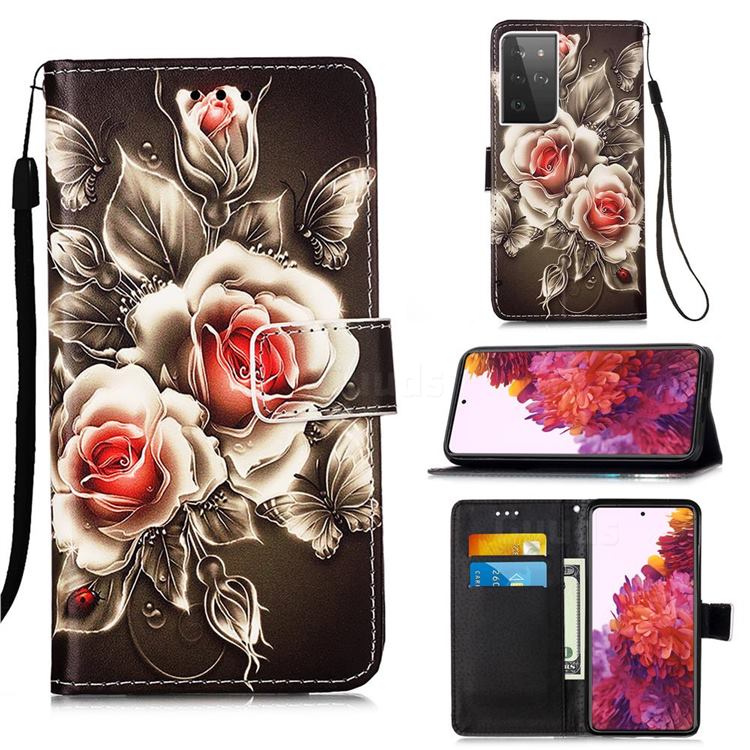 Black Rose Matte Leather Wallet Phone Case for Samsung Galaxy S21 Ultra