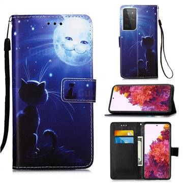 Cat and Moon Matte Leather Wallet Phone Case for Samsung Galaxy S21 Ultra