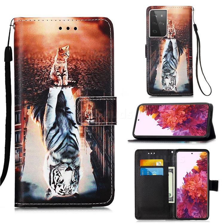 Cat and Tiger Matte Leather Wallet Phone Case for Samsung Galaxy S21 Ultra